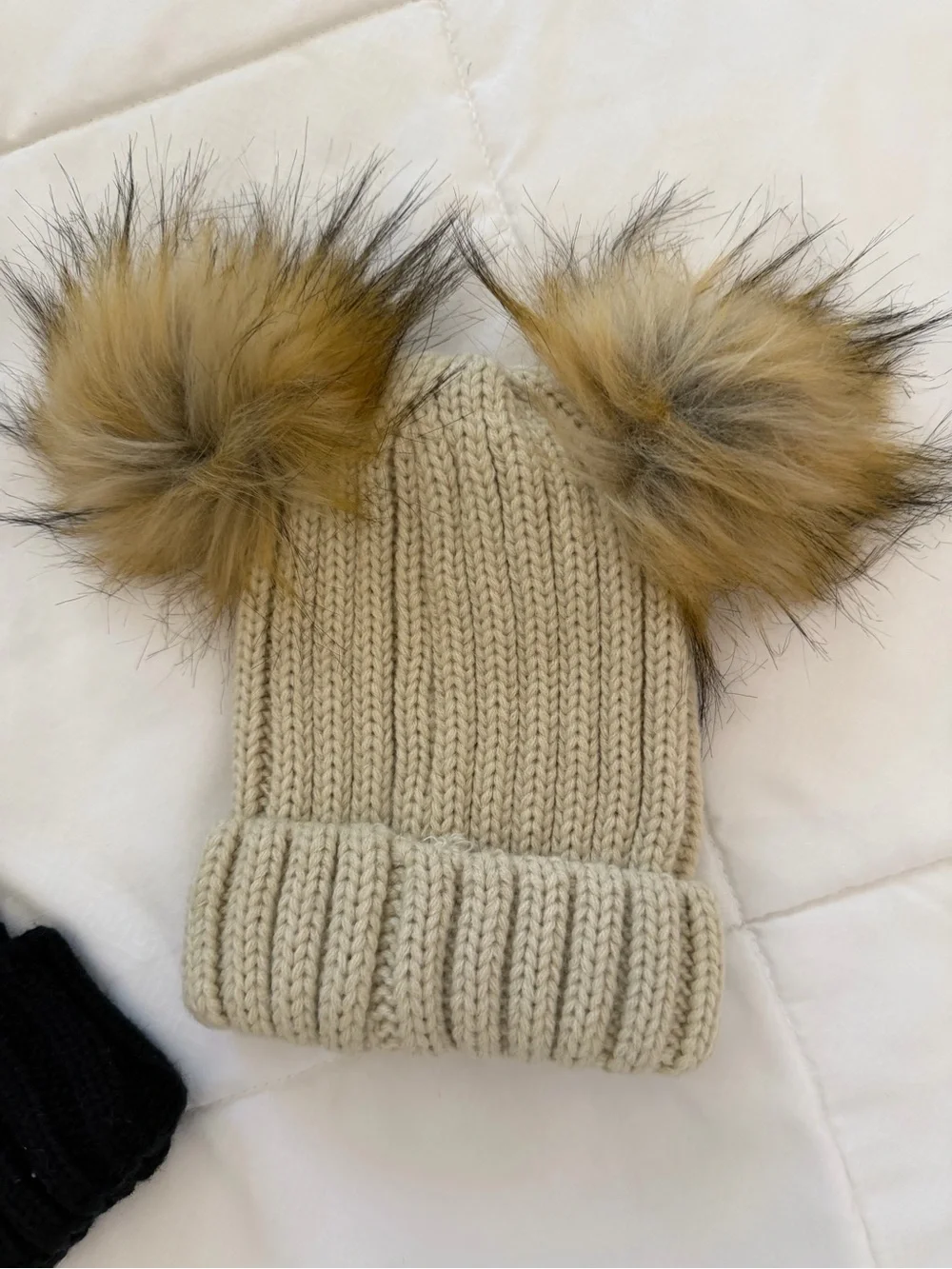 Double Pom Pom Knit Beanie for Kids - Black & Cream